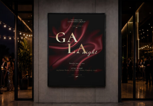 Elegant Golden Gala Night Poster with Dark Red Fabric Texture