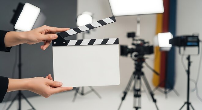 Hands holding a film clapperboard on a professional production set, ready for action. Studio lights and camera equipment are set up in the background for a video shoot