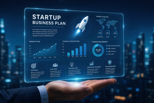 Startup business plan futuristic holographic interface held in hand with growth charts funding projections market analysis and rocket icon for startup strategy presentation and entrepreneurship pitch