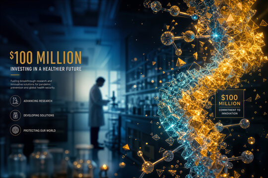 $100 million funding milestone biotech research breakthrough molecular structure constructed from crystalline gold and teal light pandemic prevention vaccine development pharmaceutical innovation