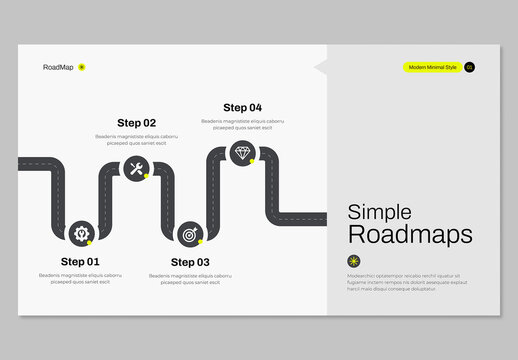 Modern Minimal Style Roadmap Infographic Template with 4 Steps Winding Road Timeline