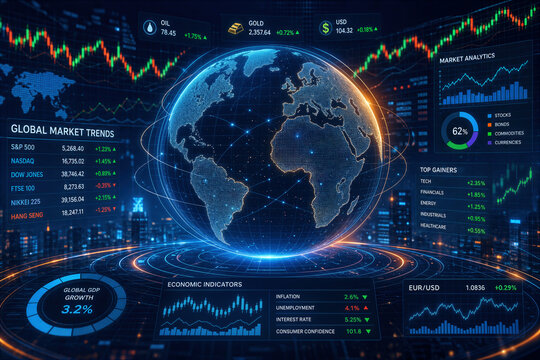 Global market trends futuristic globe with financial analytics stock exchange data visualization worldwide economy GDP growth and economic indicators dashboard