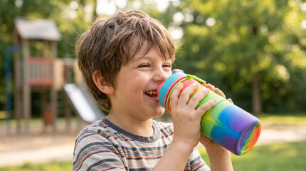 Young Boy Staying Hydrated with Reusable Water Bottle 