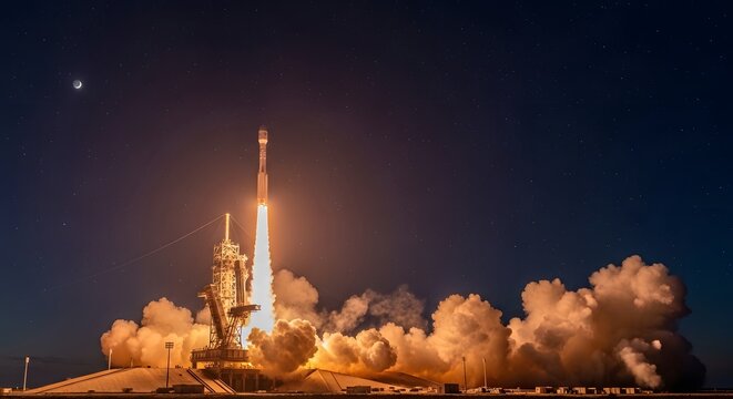 Massive rocket launch from launchpad with powerful flames and smoke isolated on technology astronomy propulsion