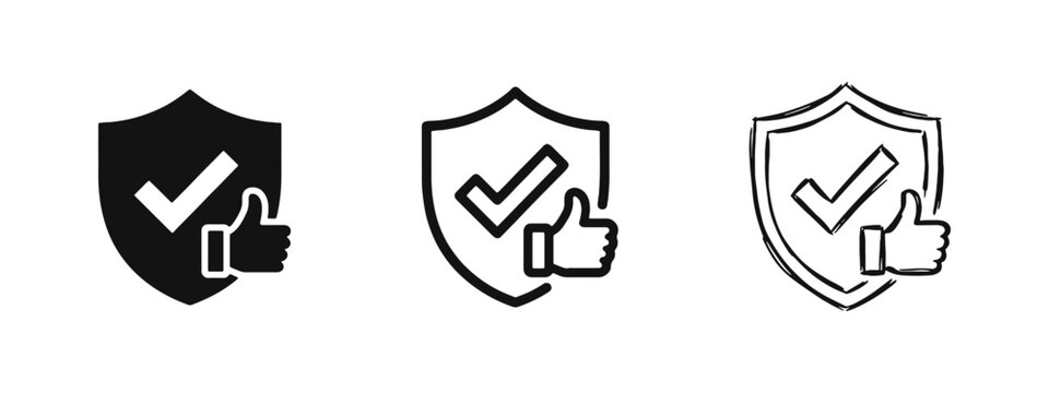Security shield with checkmark and thumbs up icon set