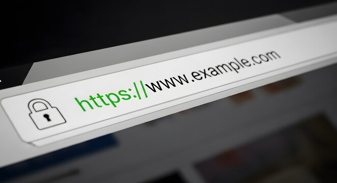 Browser address bar displaying padlock icon and https protocol for website example dot com with internet, security