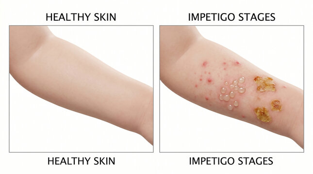 Impetigo Bacterial Infection Stages and Healthy Skin Child Arm Illustration
