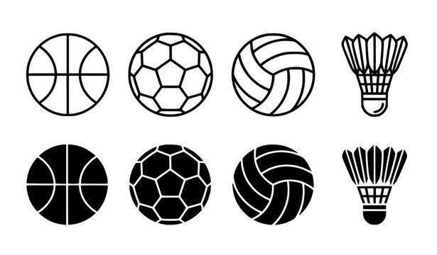 Sports Balls Outline and Silhouette Vector Icon Set