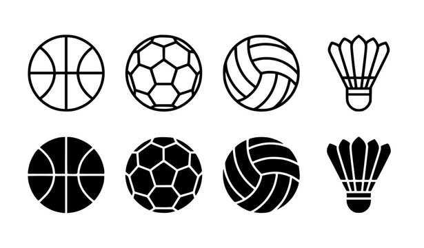 Sports Balls Outline and Silhouette Vector Icon Set