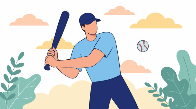 Baseball player in batting stance with bat and ball, outdoor illustration