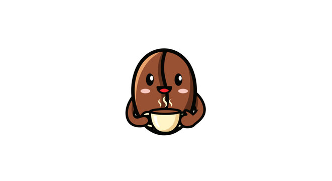 Cute coffee bean character drinking from a steaming cup.