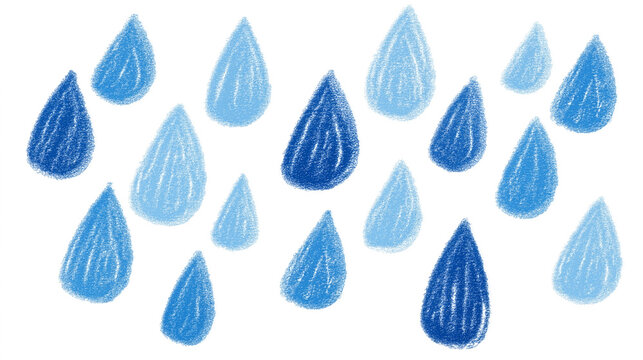 Pastel Crayon Doodle of Falling Blue Raindrops Isolated on Transparent Background