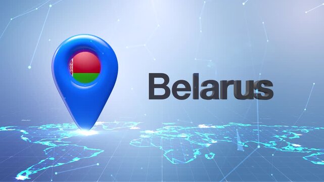 Belarus Flag Inside Location Pin On Digital World Map Animation