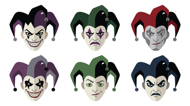 Evil jester and scary clown flat vector icon set. Halloween creepy harlequin character avatar collection. Sinister jokers with colorful hats isolated on white background.