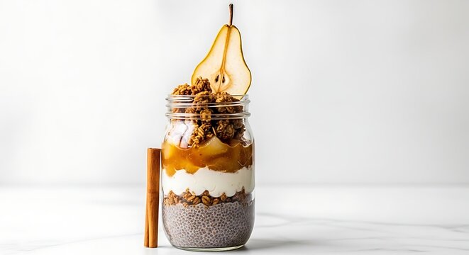 Healthy chia pudding parfait with pear yogurt and granola in glass jar on clean white background