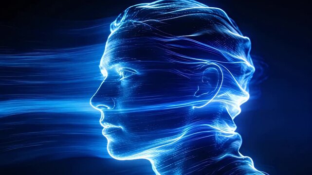 Digital human head profile formed by glowing blue lines on a dark background