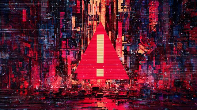 Neon red exclamation mark inside a digital glitch effect