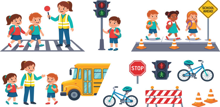 School zone traffic road safety vector elements set with crosswalk bus and crossing guard
