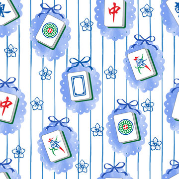 Mahjong tiles seamless pattern with cute blue frames and vertical stripes