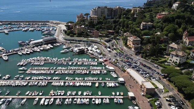 Italy, Genoa - Rapallo is a city on the eastern Liguria Riviera with a bay and a port for boats - a tourist attraction near Portfino and the Cinque Terre - summer destination for holidays
