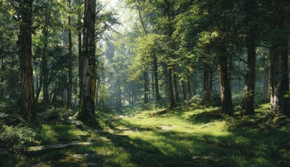 Fototapeta premium Sunlit forest path, dappled light through ancient trees, verdant undergrowth