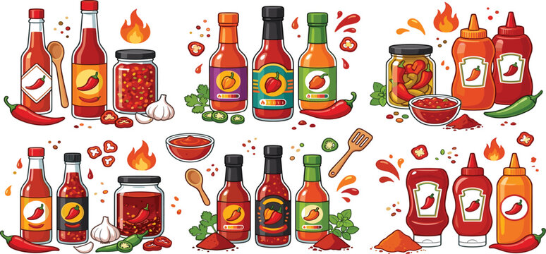 Spicy hot chili sauce bottles and condiment jars vector illustration set with fiery flames