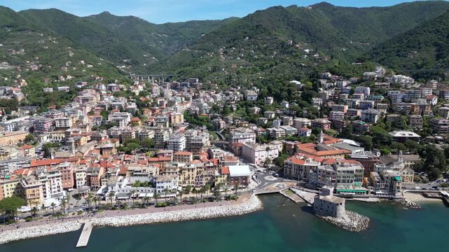 Italy, Genoa - Rapallo is a city on the eastern Liguria Riviera with a bay and a port for boats - a tourist attraction near Portfino and the Cinque Terre - summer destination for holidays
