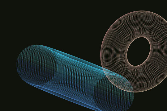 Blue and copper wireframe torus shapes in 3d abstract