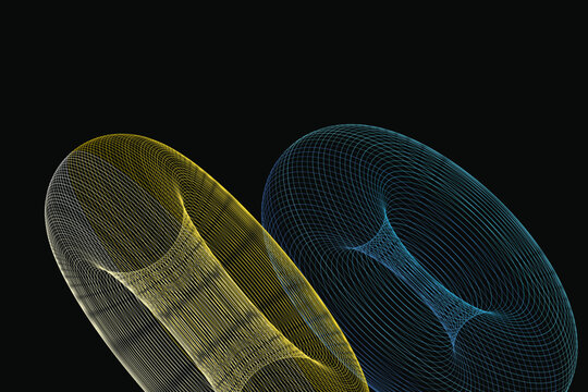 3d wireframe torus shapes in yellow and blue against a dark background