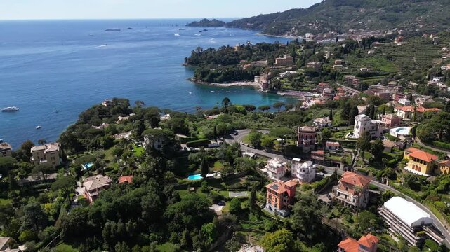 Italy , Liguria , Rapallo , drone aerial view of San Michele di Pagana Beach close to Santa Margherita and Portofino near Genoa . The amazing mediterranean costline in Tigullio gulf natural park    