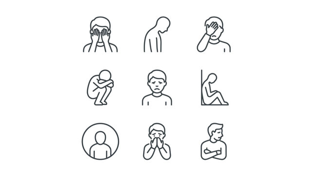 Depression and sadness minimalist icon set representing human emotions