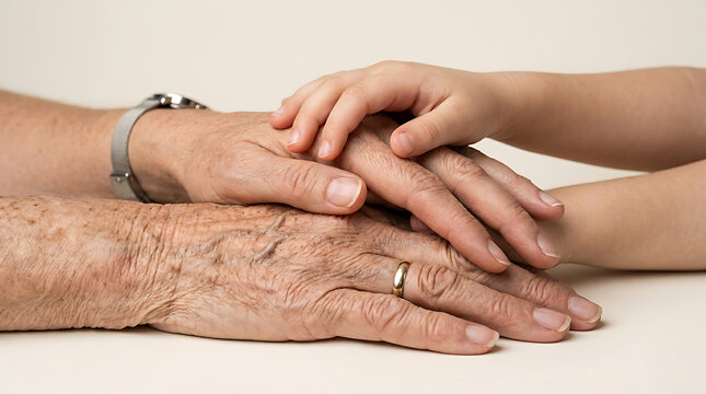 Symbolic stack of intergenerational hands representing family unity, mutual support, and the enduring connection between youth, adulthood, and old age across life's journey