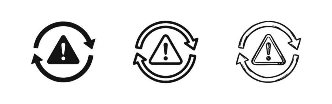 Alert and update warning icon set with circular arrows and exclamation mark in three styles