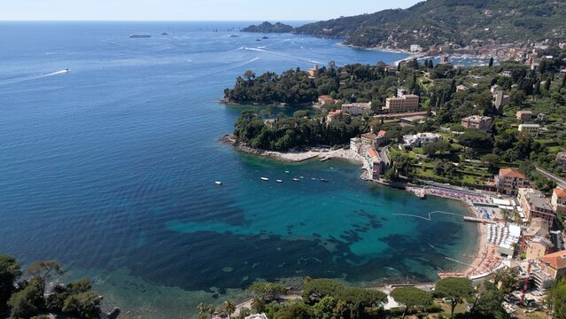 Italy , Liguria , Rapallo , drone aerial view of San Michele di Pagana Beach close to Santa Margherita and Portofino near Genoa . The amazing mediterranean costline in Tigullio gulf natural park    