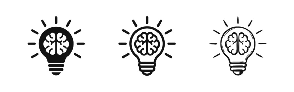 Creative intelligence and idea icon set with brain inside light bulb in three styles