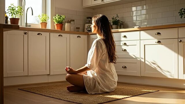 Woman meditating in a bright, sunlit kitchen.