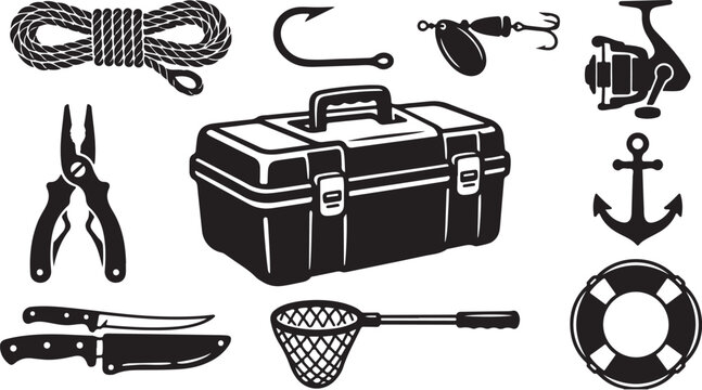 Fishing Tackle Box and Accessories Illustration Set