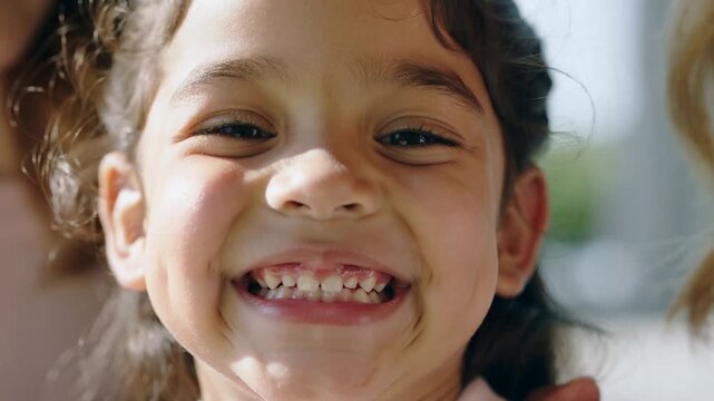 Smiling girl widening eyes, grinning at park prompted by sibling touch and sunlight, in light top