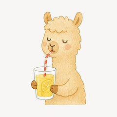 Naklejka premium Cute llama sipping lemonade illustration.