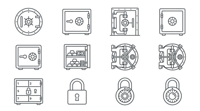 Collection of secure vaults and locks in clean outlined illustrations