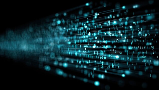 Abstract stream of glowing blue digital data particles against black