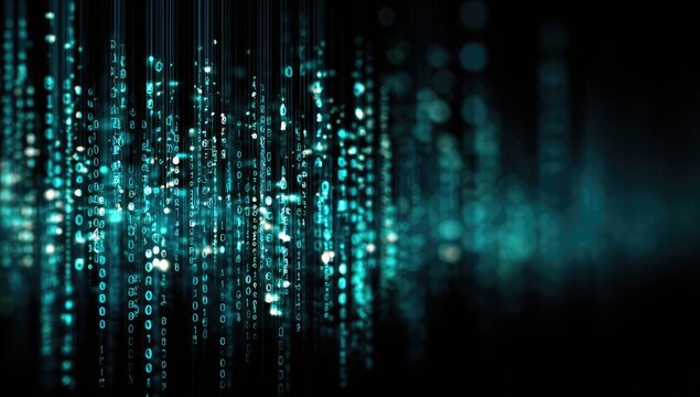 Glowing binary code descends like digital rain against a dark, bokeh-filled background