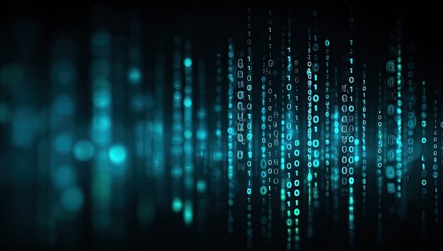 Digital streams of glowing binary code against a dark, blurred background