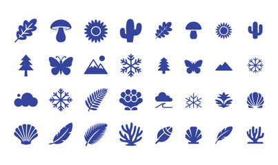 Nature and Botanical Icon Set Collection - Blue Flat Silhouette Leaf Flower Plant and Wildlife Symbols for Ecology Design © Graphix Hub