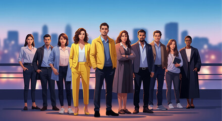 Obraz premium Diverse group of professionals standing together against a cityscape, symbolizing teamwork, corporate success, and urban ambition.