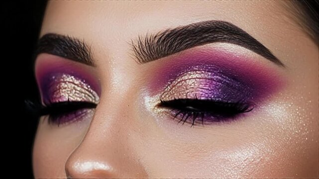 A close-up of a female eye with dramatic purple and gold glitter eyeshadow.
