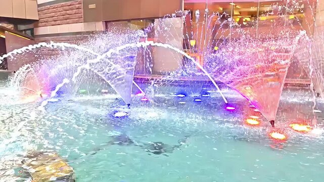 Spraying water fountains with colorful nights in pool, Cooling Liquid Splashing Showtime, Modern Architecture Summer Outdoor, Slow Motion