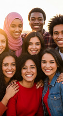 Fototapeta premium A diverse group of young people smiling together, showcasing friendship and unity, symbolizing connection and happiness, suitable for lifestyle or community themes