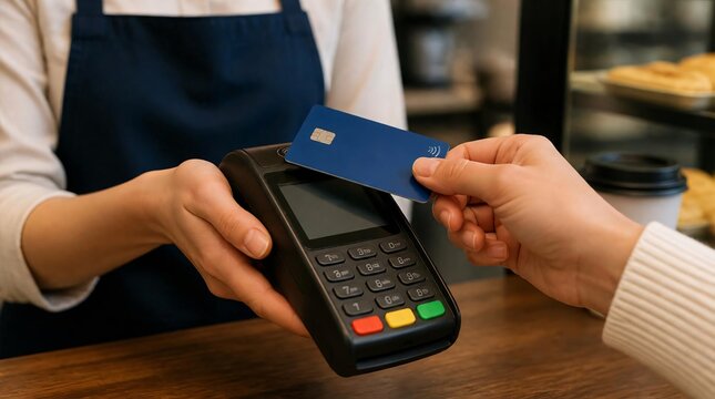 Close up of customer tapping credit card on payment terminal.