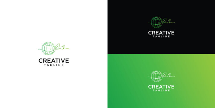 Modern minimalist circular globe logo design with abstract green swirls and placeholder text